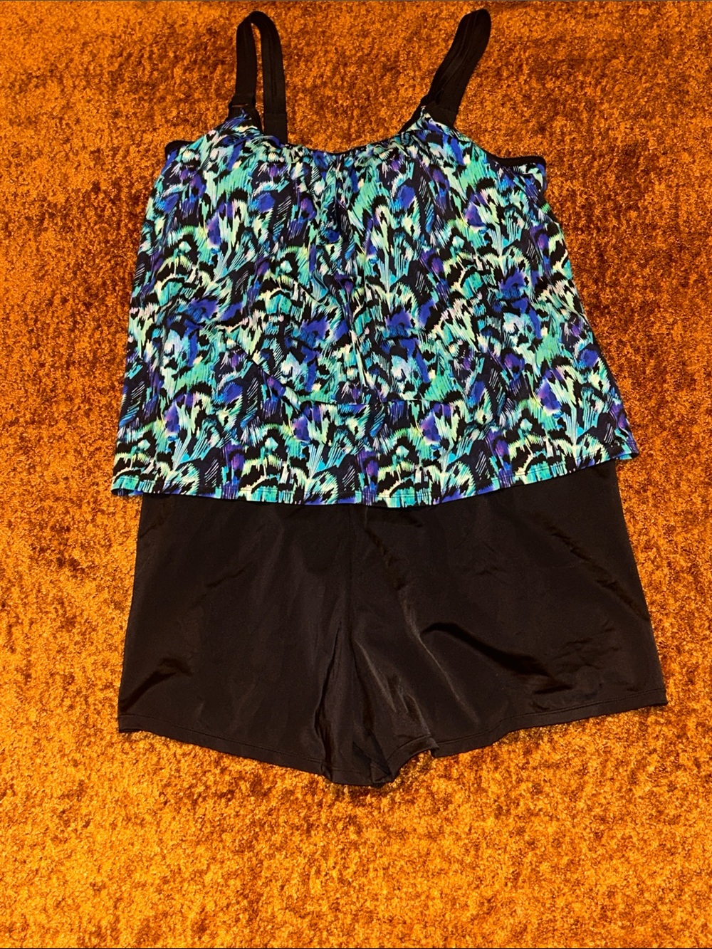 Blue & Teal Printed Tankini One-Piece with Black Swim Shorts